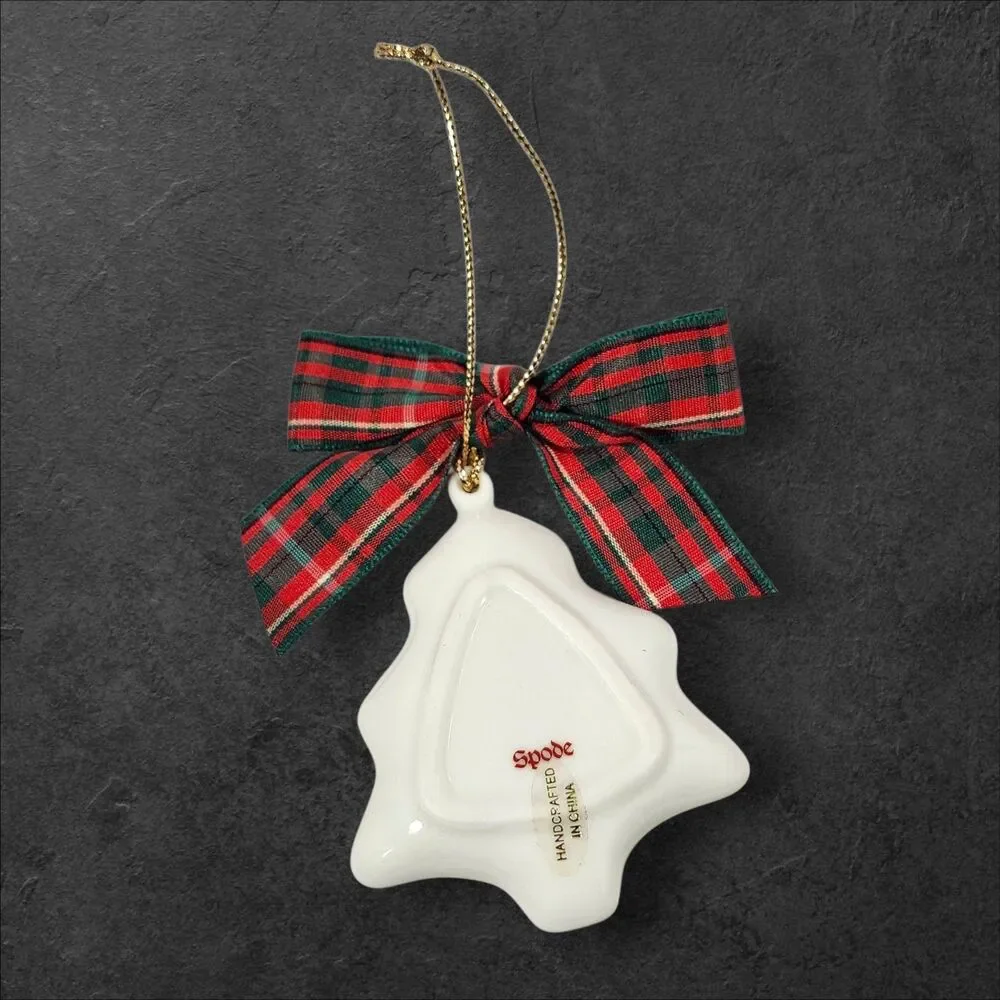 Spode Christmas Tree Ornament w/ Box Plaid Bow Porcelain Holiday Collectible